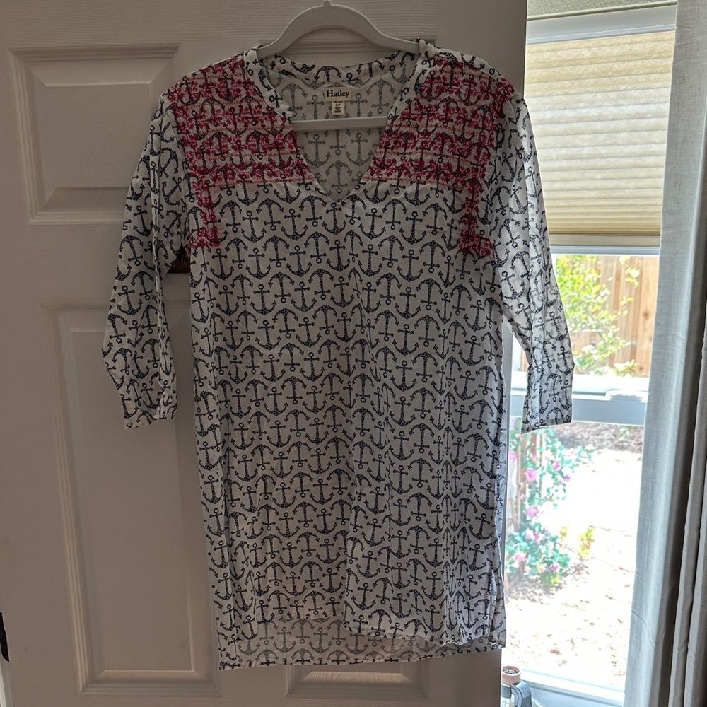 Hatley White Tunic with Navy Anchor Print and Pink Embroidery